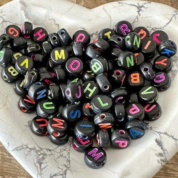 7mm Black Acrylic Letter Beads - Mixed Color Letters - Flat Round - Colorful - Picture 1 of 3